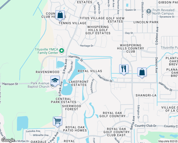 map of restaurants, bars, coffee shops, grocery stores, and more near 2131 Harrison Street in Titusville