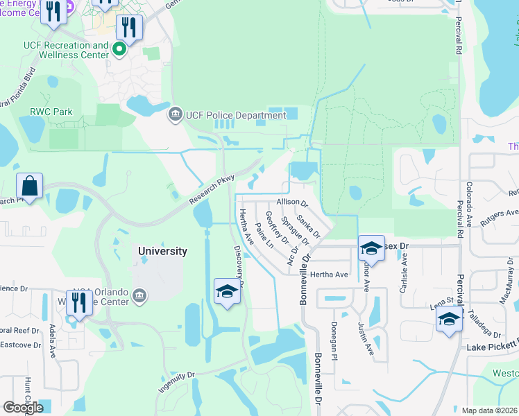 map of restaurants, bars, coffee shops, grocery stores, and more near 2900 Geoffrey Drive in Orlando