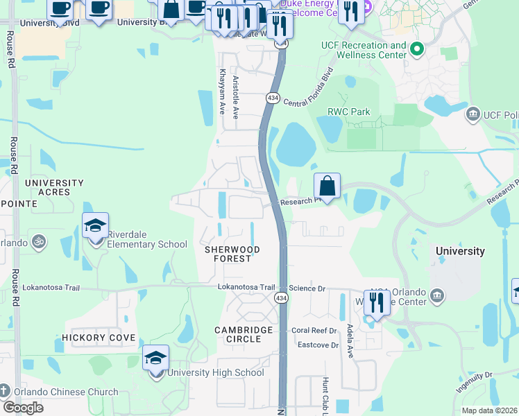 map of restaurants, bars, coffee shops, grocery stores, and more near 12000-12066 Coed Way in Orlando