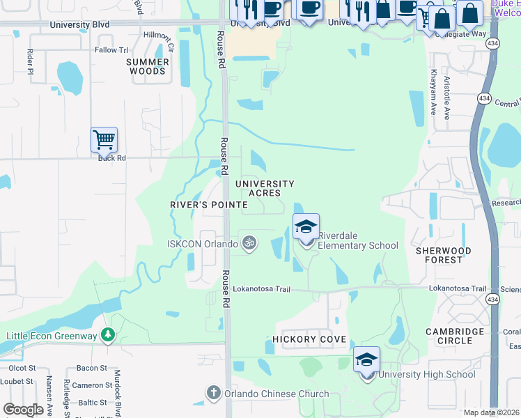 map of restaurants, bars, coffee shops, grocery stores, and more near 2738 University Acres Drive in Orlando