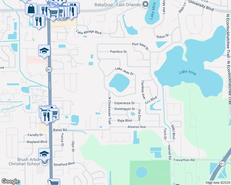 map of restaurants, bars, coffee shops, grocery stores, and more near 3340 Lake Jean Drive in Orlando