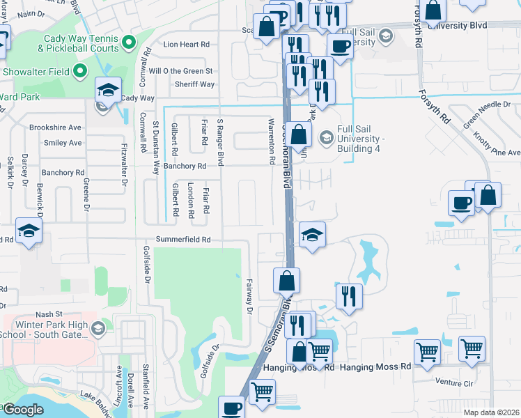 map of restaurants, bars, coffee shops, grocery stores, and more near 736 Monmouth Way in Winter Park