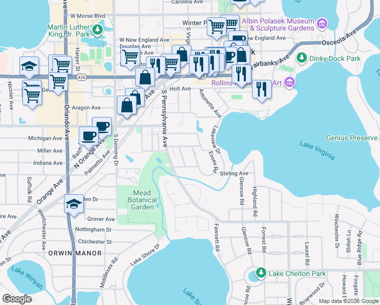 map of restaurants, bars, coffee shops, grocery stores, and more near 1274 Richmond Road in Winter Park