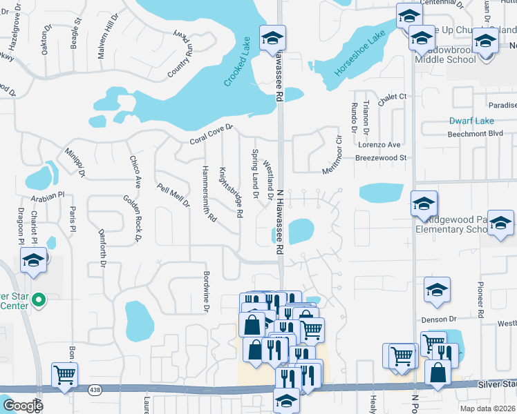 map of restaurants, bars, coffee shops, grocery stores, and more near 6532 Spring Land Court in Orlando