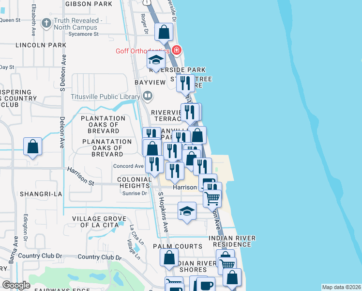 map of restaurants, bars, coffee shops, grocery stores, and more near 145 Jackson Street in Titusville