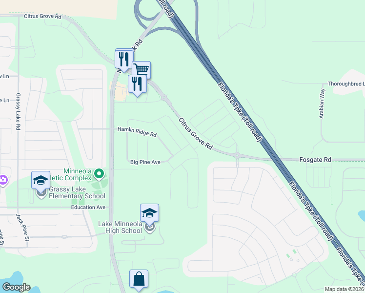 map of restaurants, bars, coffee shops, grocery stores, and more near Triple East Road in Montverde