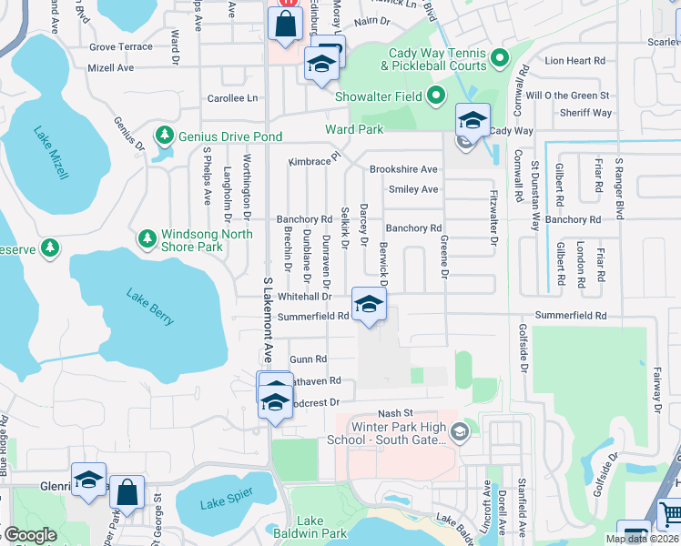 map of restaurants, bars, coffee shops, grocery stores, and more near 694 Selkirk Drive in Winter Park