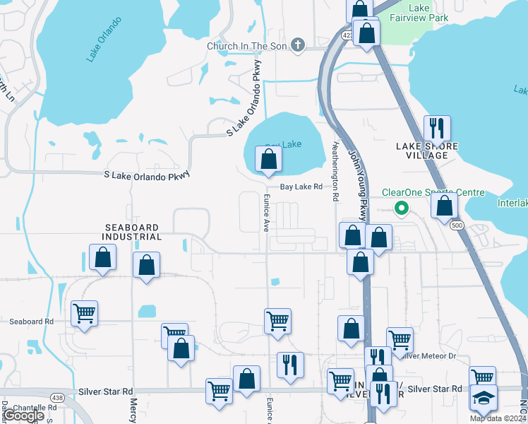 map of restaurants, bars, coffee shops, grocery stores, and more near 3457 Seneca Club Loop in Orlando