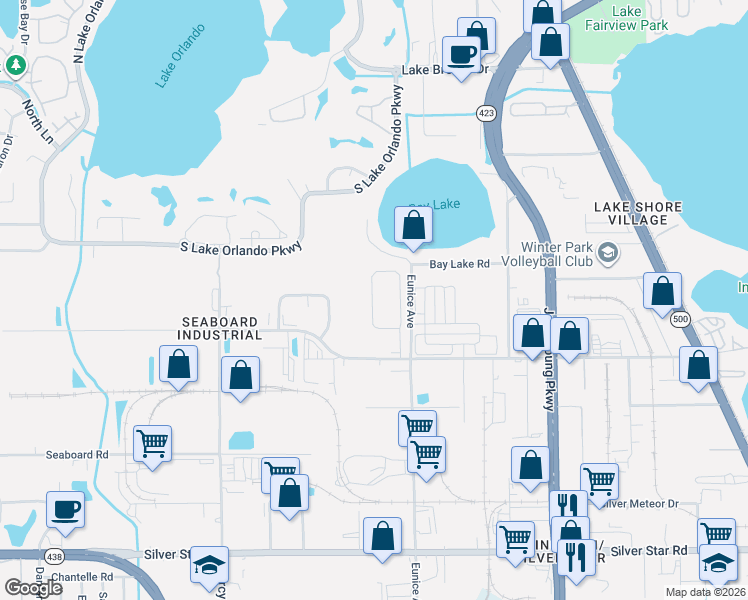 map of restaurants, bars, coffee shops, grocery stores, and more near 3731 Seneca Club Loop in Orlando