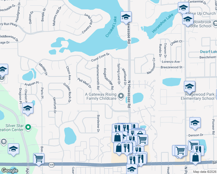 map of restaurants, bars, coffee shops, grocery stores, and more near 3117 Knightsbridge Road in Orlando