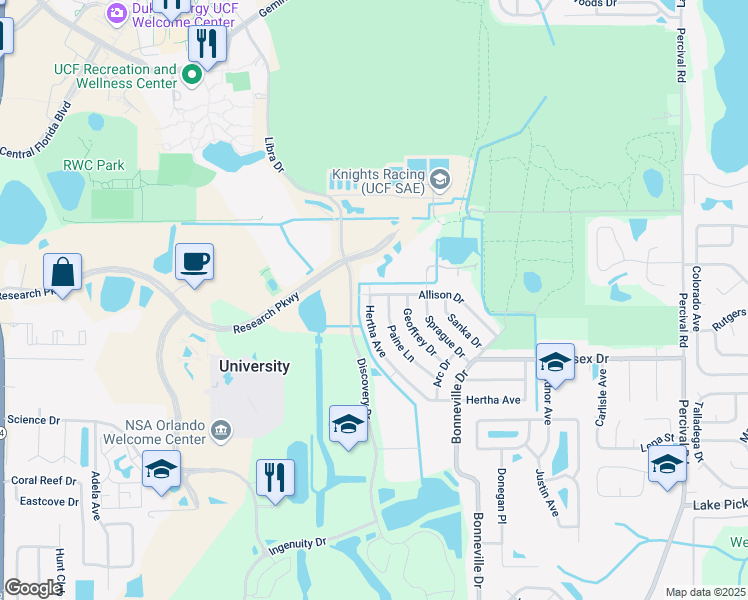 map of restaurants, bars, coffee shops, grocery stores, and more near 2863 Hertha Avenue in Orlando