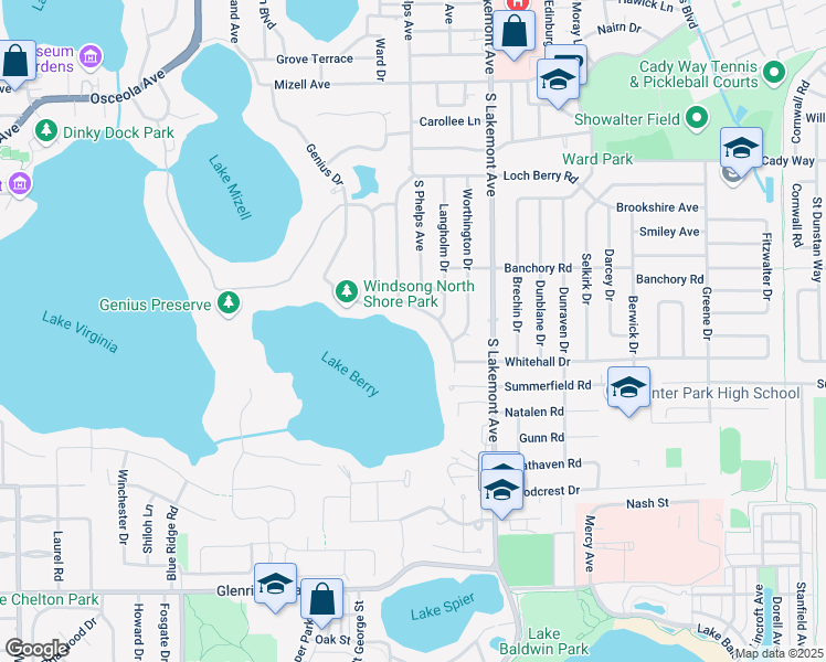 map of restaurants, bars, coffee shops, grocery stores, and more near 697 Balmoral Road in Winter Park