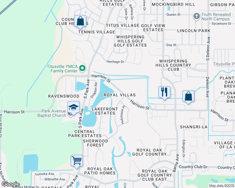 map of restaurants, bars, coffee shops, grocery stores, and more near 2131 Harrison Street in Titusville