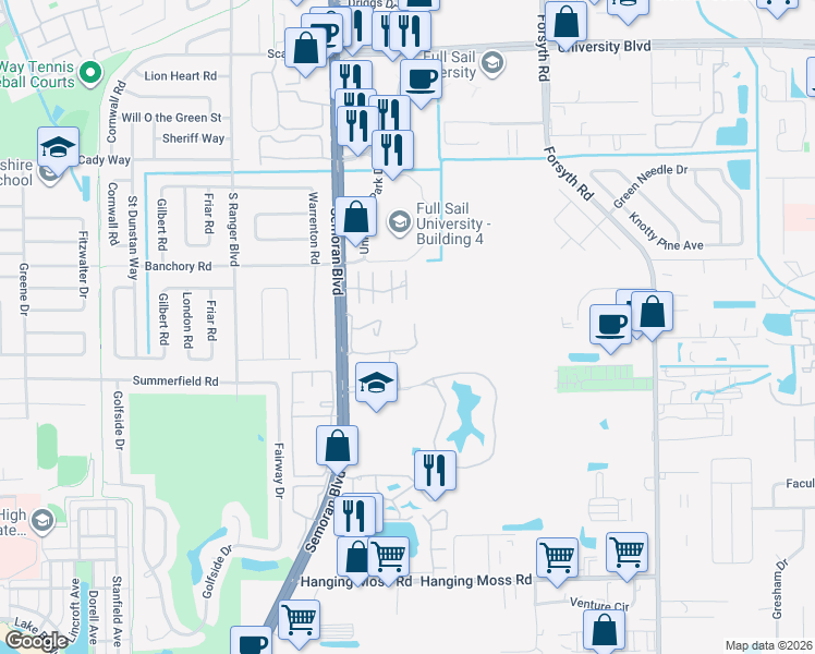 map of restaurants, bars, coffee shops, grocery stores, and more near 337 Scottsdale Square in Winter Park