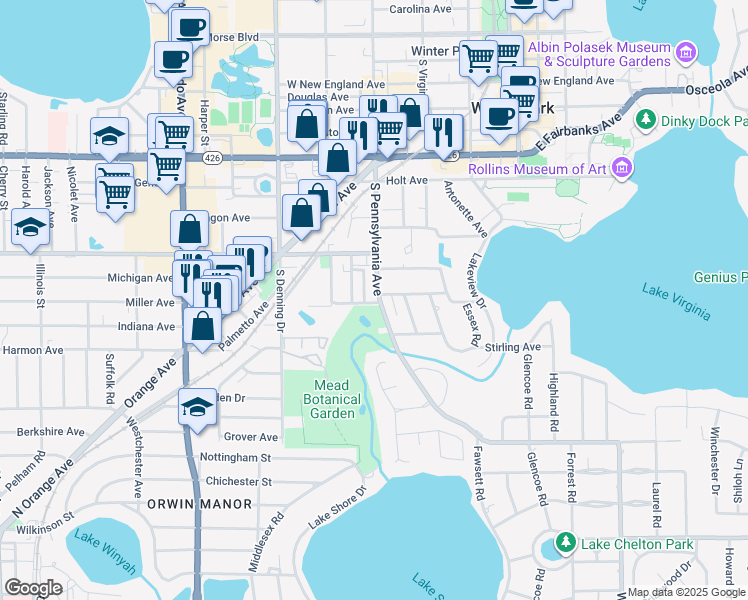 map of restaurants, bars, coffee shops, grocery stores, and more near 1211 Melrose Avenue in Winter Park