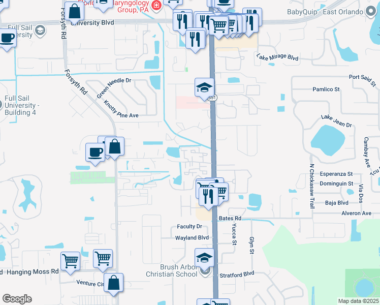 map of restaurants, bars, coffee shops, grocery stores, and more near 3371 Riverview Way in Winter Park