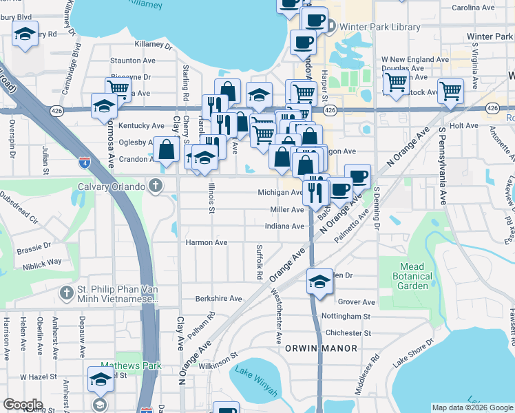 map of restaurants, bars, coffee shops, grocery stores, and more near 1442 Michigan Avenue in Winter Park