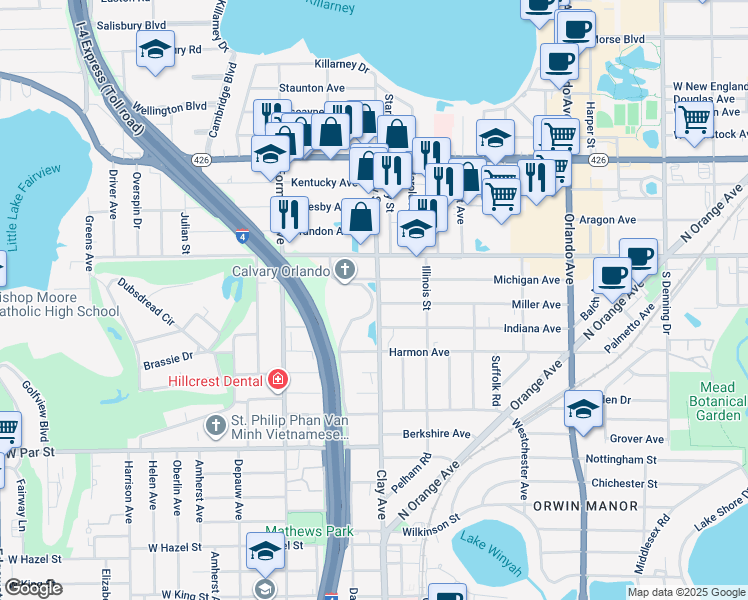 map of restaurants, bars, coffee shops, grocery stores, and more near 1781 Michigan Avenue in Winter Park