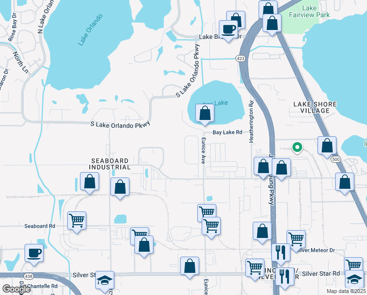 map of restaurants, bars, coffee shops, grocery stores, and more near 3617 Seneca Club Loop in Orlando
