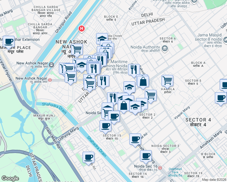 map of restaurants, bars, coffee shops, grocery stores, and more near B Block Road in Noida