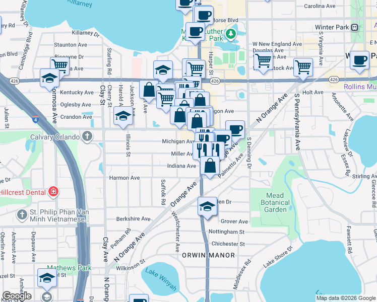 map of restaurants, bars, coffee shops, grocery stores, and more near 1258 Michigan Avenue in Winter Park