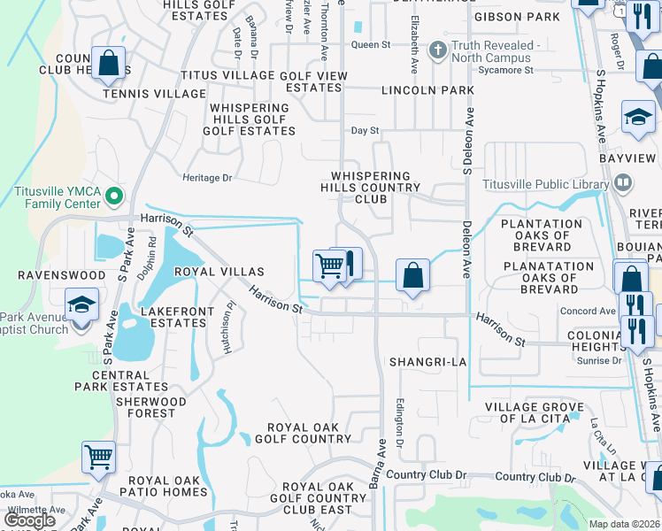 map of restaurants, bars, coffee shops, grocery stores, and more near 2250 Talmadge Drive in Titusville