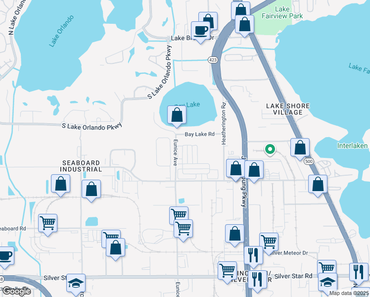 map of restaurants, bars, coffee shops, grocery stores, and more near 3140 Bay Lake Road in Orlando