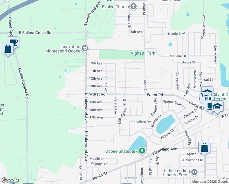 map of restaurants, bars, coffee shops, grocery stores, and more near 348 13th Avenue in Ocoee