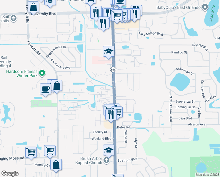 map of restaurants, bars, coffee shops, grocery stores, and more near 3400 North Goldenrod Road in Winter Park