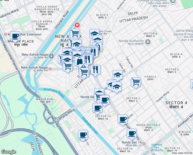 map of restaurants, bars, coffee shops, grocery stores, and more near in Noida