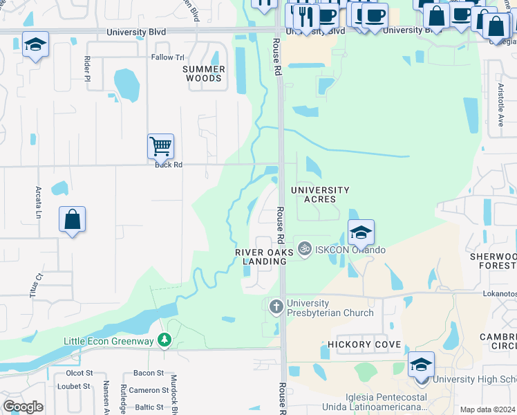 map of restaurants, bars, coffee shops, grocery stores, and more near 2832 Rivers End Road in Orlando