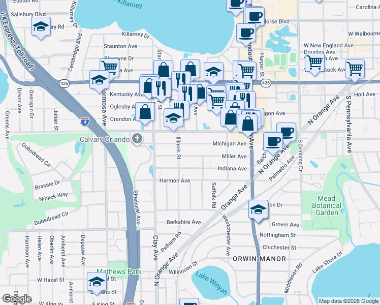map of restaurants, bars, coffee shops, grocery stores, and more near 1534 Michigan Avenue in Winter Park