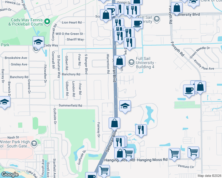 map of restaurants, bars, coffee shops, grocery stores, and more near 639 Warrenton Road in Winter Park
