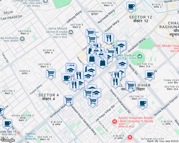 map of restaurants, bars, coffee shops, grocery stores, and more near A Block Road in Noida