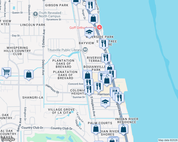 map of restaurants, bars, coffee shops, grocery stores, and more near in Titusville