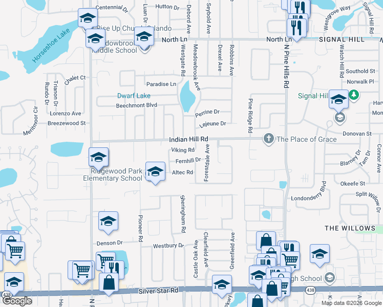 map of restaurants, bars, coffee shops, grocery stores, and more near 3517 Meadowbrook Avenue in Orlando