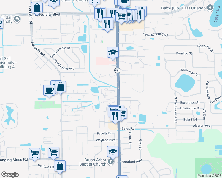 map of restaurants, bars, coffee shops, grocery stores, and more near 3371 Riverview Way in Winter Park