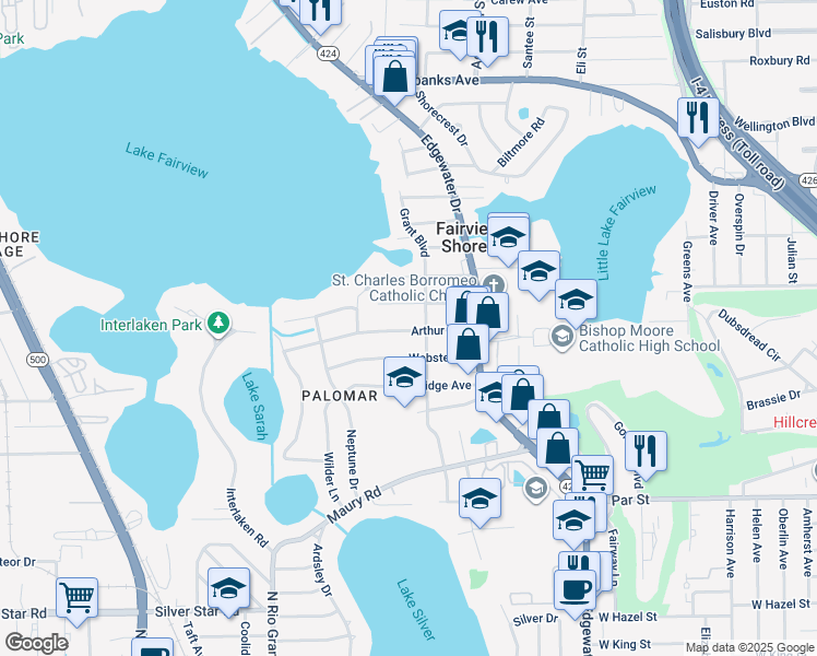 map of restaurants, bars, coffee shops, grocery stores, and more near 3988 Grant Boulevard in Orlando