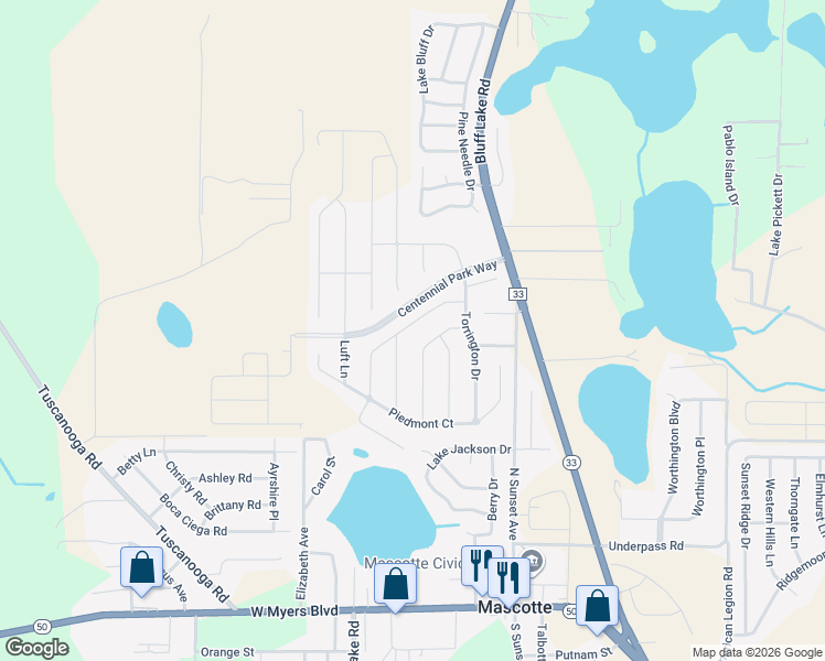 map of restaurants, bars, coffee shops, grocery stores, and more near 1116 Union Avenue in Mascotte