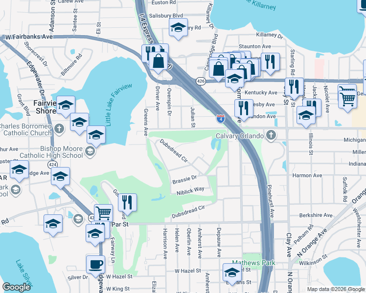 map of restaurants, bars, coffee shops, grocery stores, and more near 340 Bunker Place in Orlando