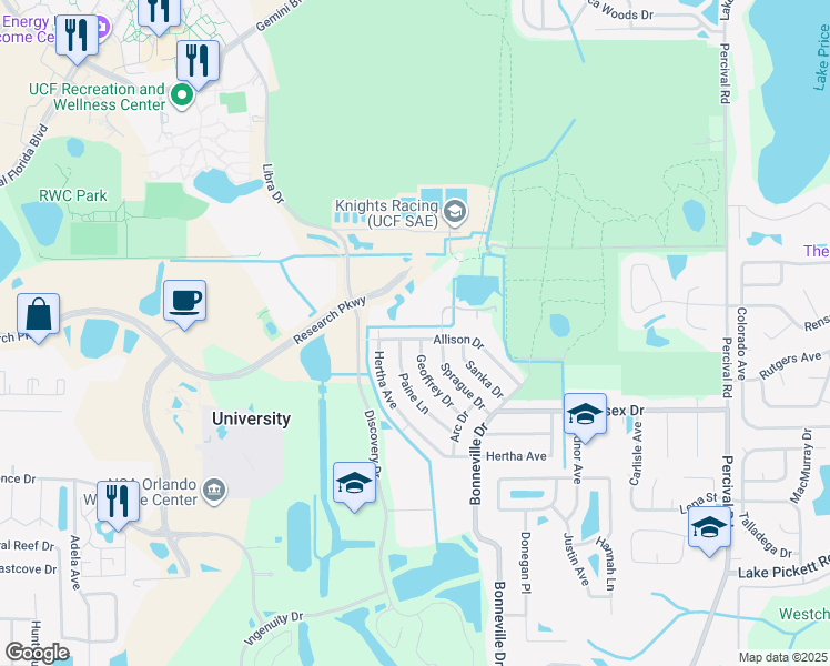 map of restaurants, bars, coffee shops, grocery stores, and more near 14205 Allison Drive in Orlando