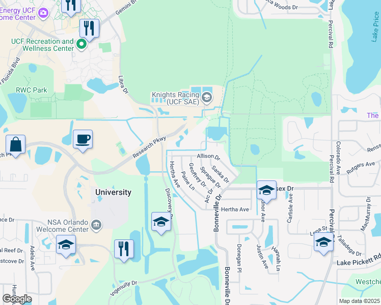 map of restaurants, bars, coffee shops, grocery stores, and more near 14205 Allison Drive in Orlando
