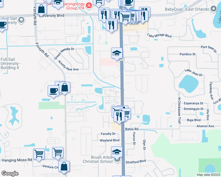 map of restaurants, bars, coffee shops, grocery stores, and more near 3371 Riverview Way in Winter Park