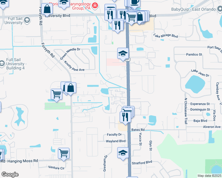 map of restaurants, bars, coffee shops, grocery stores, and more near 3399 Cedar Springs Place in Winter Park