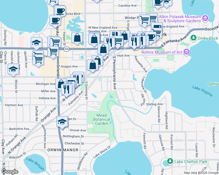 map of restaurants, bars, coffee shops, grocery stores, and more near 1147 South Pennsylvania Avenue in Winter Park