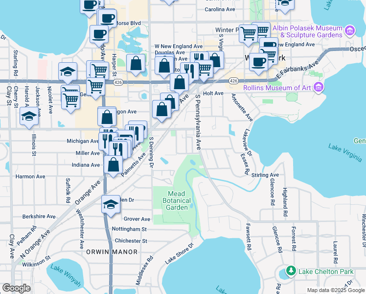 map of restaurants, bars, coffee shops, grocery stores, and more near 1064 Azalea Lane in Winter Park