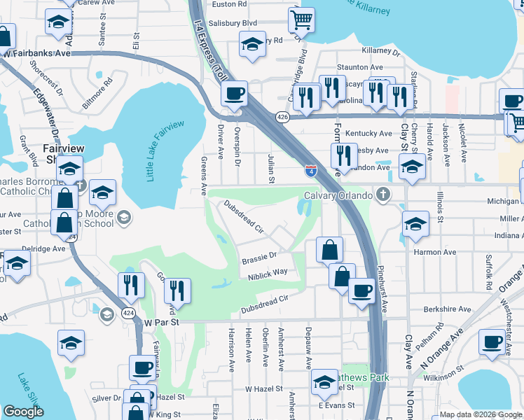 map of restaurants, bars, coffee shops, grocery stores, and more near 340 Bunker Place in Orlando