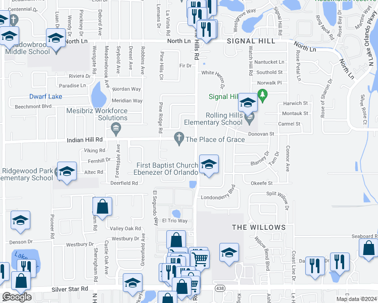 map of restaurants, bars, coffee shops, grocery stores, and more near in Pine Hills