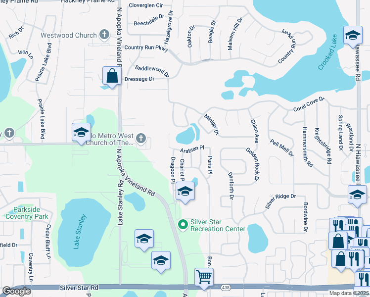 map of restaurants, bars, coffee shops, grocery stores, and more near 7907 Arabian Place in Orlando