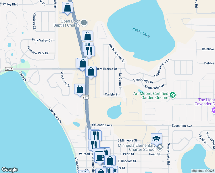 map of restaurants, bars, coffee shops, grocery stores, and more near 633 Willow Run Street in Minneola